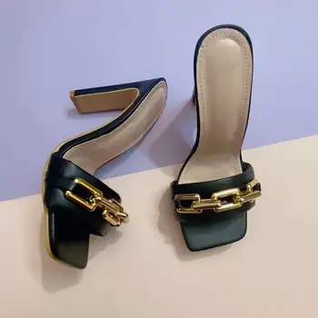 2021 Vasaros Elegantiškas Moterų sandalai Mados Naujų Metalo Grandinės Apdaila Aukšti Kulniukai Mulų Skaidres Siurbliai Aikštėje Kojų Ponios Batai