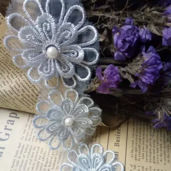 1 kiemas Šviesiai Mėlyna Tirpsta 3D Pearl Gėlių Gėlių Siuvinėtų Nėrinių Apdaila Aplikacijos Audinio Nėrinių Juostelės Siuvimo Amato Skrybėlę Apdaila