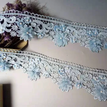 2 Kieme Mėlyna 9cm Pearl 3D Gėlių Kutas Nėriniai Apdailos Juostelės Audinio Siuvinėtos Aplikacijos, Siuvimo Amato Vestuvių Suknelė, Drabužiai Nauji