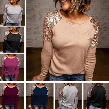 2021 m. Pavasarį Long Sleeve T-shirt Kratinys Blizgančiais Moterų Prarasti Atsitiktinis Marškiniai, Elegantiškas Ponios Streetwear Tees Viršuje Blusas Mujer