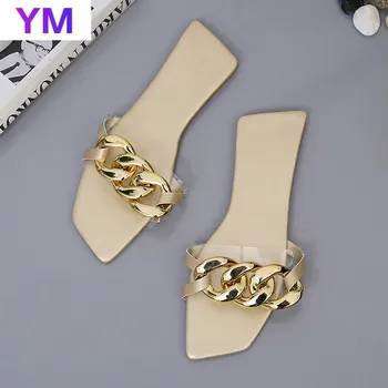 2021 Naujas Metalo Grandinės Odos Butas Mulų sandalai Moterims Prekės ženklo Laisvalaikio Bateliai Mujer Didelis Dydis 36-43 Zapatillas Mujer Casa Slip-On