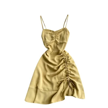 2021 Naujas Vasaros Suknelė Pajūrio Atostogų Vestidos Moterų Sulenkite Kvadratinių Kaklo Plonas Susiėmę Dirželis Mini Suknelė GL695