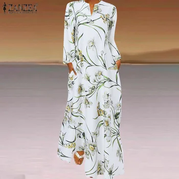 2021 ZANZEA Moterys Vasarą ilgomis Rankovėmis Gėlių Spausdinti Sundress Negabaritinių Prarasti Ilga Suknelė Elegantiškas Šalis Suknelės Bohemijos Vestidos