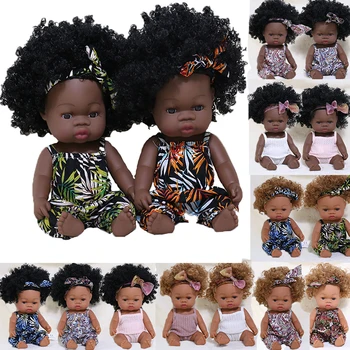 35cm Juoda Reborn Baby Doll, Vonia Žaisti Baby Doll su Vasaros Suknelė Visiškai Silikono Afrikos Atgimsta Bebe Žaislai Mergina Curl Plaukų Lėlės