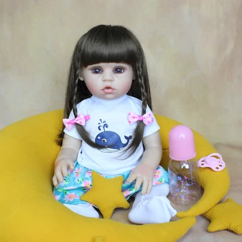 48 CM, Minkšti viso Silikono Kūno Reborn Baby Doll Girl Vinilo Ilgi Plaukai Bebe Suknelė Iki Gimtadienio Dovana Vaikui Maudytis, Žaisti Žaislų Namai