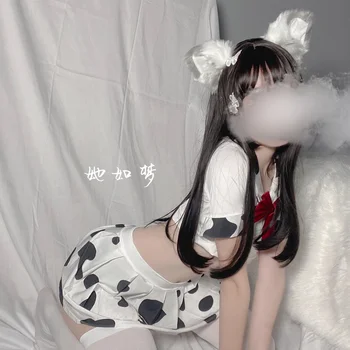 Anime Cosplay Kostiumų Baltos Karvės Vienodas Mokyklos Mergina Ponios Sleepwear Erotika Suknelė Moterims Minkšto Audinio Nėrinių Miniskirt Apranga