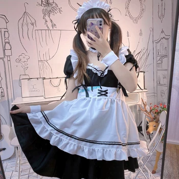 Anime Seksualus Prancūzų Tarnaitė Cosplay Kostiumų Lolita Dress Padavėja Pinafore Apranga Moterims, Vyrams Šalies Helovinas Kostiumas Perukas Plius Dydis