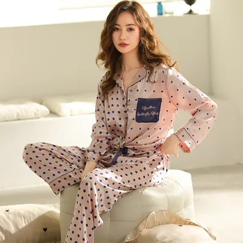 Aukštos Kokybės Naujas Moterų Pižama Nustatyti Prabangos Stiliaus Mados Polka Dot Modelis Sleepwear Kaip Šilko Laisvalaikio Namuose Drabužiai, naktiniai drabužiai