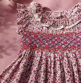 Baby girl vasaros derliaus ispanijos išsiuvinėti smocked princesė dress vaikams laisvalaikio gėlių vest suknelė