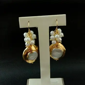 Baltos spalvos gėlavandenių Perlų, Aukso spalvos, sidabrą, Kablys Auskarai tabaluoti auskarai moterims