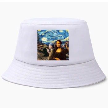 Bucket Hat Bžūp Mona Lisa Het meisje susitiko de parel Į Žvaigždėtą Naktį Juokinga Da Vinci Van Gogh Panama Žvejys Skrybėlės Lauko Saulės Kepurės
