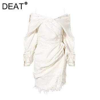 DEAT 2021 m. vasarą naujas mados moterų drabužius, visiškai rankovėmis užtrauktukų nesimetriškas baltos spalvos džinsinio audinio suknelė aukšto juosmens vestido WT03400L