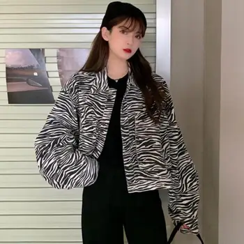 Džinsinio Audinio Striukė 2021 Naują Pavasario Zebras Spausdinti Prarasti Trumpas Moterims Švarkai Korėjos Retro Stiliaus Saldus Atsitiktinis Moterų Kailis