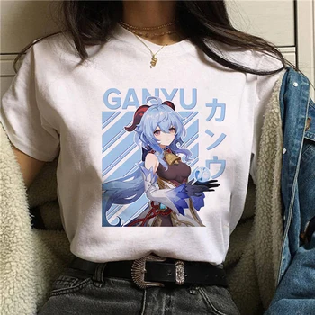 Genshin Kawaii T-Shirt Moterims trumpomis Rankovėmis Ganyu Keqing Harajuku Anime T-shirt Negabaritinių Moterų Drabužiai