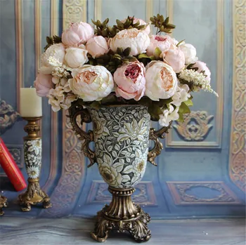Hot Aukštos Kokybės Šilko Netikrą gėlių Multi-naudoti Vestuves Namų Puošybai Europos Patenka Ryškus Bijūnas Lapų Dirbtinės Gėlės
