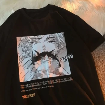 Japonų animacinių filmų mielas anime gražus vaikinas katė spausdinti trumpomis rankovėmis T-shirt vasaros studentų prarasti viršuje Harajuku gotikos moterų marškinėliai