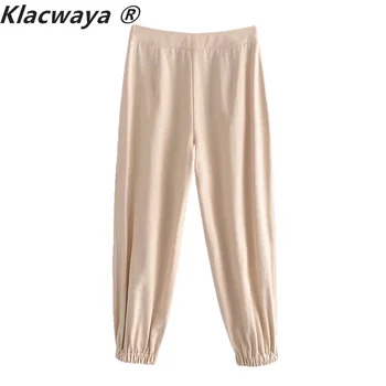 Klacwaya Za Moterų 2021 Mados Vientisos Spalvos Šoninės Kišenės Bėgiojimo Kelnės Derliaus Moterų Slim-Fit Bėgimo Kelnes Kelnės