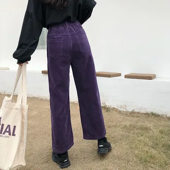 Korėjos 2021 Naujo Derliaus Velvetas Violetinės Kelnės Moterims Vientisos Spalvos Aukšto Liemens Kelnės Atsitiktinis Mados Tiesiai Pantalones Mujer
