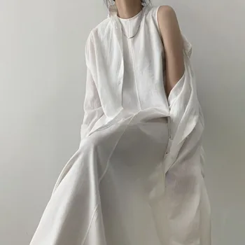Korėjos Elegantiškos Suknelės Moterims Minimalistinio Stiliaus Apvalios Kaklo Laisvas Ilgas Berankovis Sūpynės Ilgas Sijonas Moterų Vasara Vest Maxi Suknelė