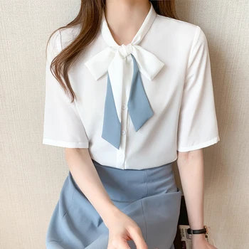 Korėjos Mados Šifono Moterims Palaidinės Kietų Biuro Lady Marškinėliai Vasaros trumpomis Rankovėmis Moterims Topai ir Bloues Juoda