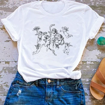 Kuakuayu HJN Angelas Spausdinti Vintage Mados T-Shirt Vasaros Mielas Estetinės Grafinis Tees Trumpas Rankovės Streetwear Viršūnes Grunge Drabužiai