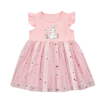 Kūdikiui Baby Girl Vasaros Raukiniai Skristi Rankovėmis Suknelė Animacinių filmų Easter Bunny Akių Siūlų Dygsniais-line Princesė Dress 18M-6T