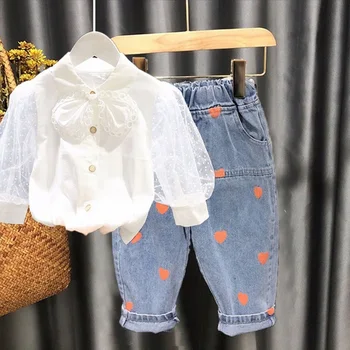 Kūdikių mergaitės, apranga Naują pavasario Mergaičių Mados drabužių rinkinys 2 vnt Baby Kombinezonas ilgomis rankovėmis Nėriniai marškiniai +džinsai Vaikams Drabužių Mergina Kostiumas