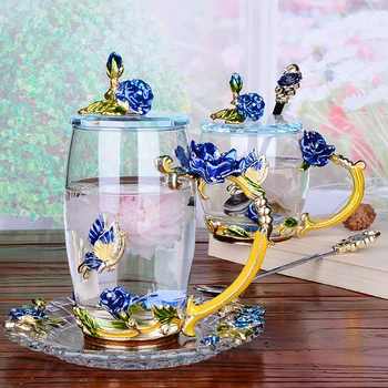 Kūrybos Blue Rose Emalio Kristalų Arbatos Puodelio Kavos Puodelis Drugelis Pakilo Dažytos Gėlių Vandens Puodeliai, skaidraus Stiklo su Šaukštu Rinkinys