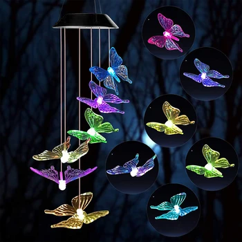 LED Saulės Vėjo Varpelių Crystal Butterfly Vėjo Varpelių Šviesos Spalva Keičiasi Vandeniui Kabinti Saulės Šviesos Sode