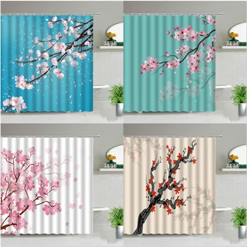 Modernios Dekoracijos Spausdinti Dušo Užuolaidos Rausvos Violetinės Gėlės, Medžiai Kinų Stiliaus Gėlių Vonios Užuolaidų Vandeniui Audinio Su Kabliu
