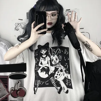 Moterų Harajuku Marškinėliai Estetinės Gothic Punk Animacinių Filmų Spausdinti Tee Trumpas Rankovės O-Kaklo Viršūnes Vasaros Prarasti Negabaritinių Gatvės Drabužių