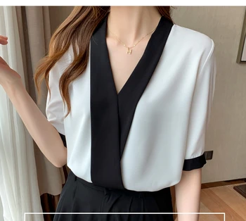 Moterų Pavasario vasaros Pusė-sleeve V-kaklo juoda balta kontrasto spalvų prarasti Office Lady Elegantiškas mados Šifono marškinėliai palaidinė viršūnės