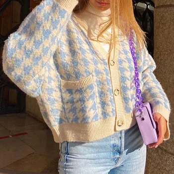 Moterų Pledas Cardigan Megztinis, Vintage V-Kaklo, Ilgomis Rankovėmis Megztiniai Viršų Lady Atsitiktinis Palaidų Rudenį Korėjos Mados Spausdinti Megztiniai Kailis