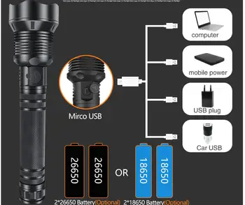 Naujausias Galingas LED Žibintuvėlis USB Įkrauti Zoom Fakelas XHP70 IPX-65 Vandeniui 5000Mah Taktinis Flash Lempos Šviesos 26650/18650