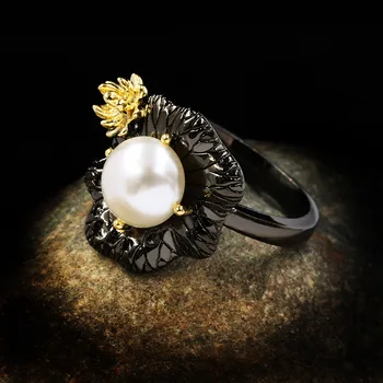 NPKDS Vintage Papuošalai 925 Sterlingas Sidabro Baroko Perlas Žiedai Moterų Vestuvės Vestuvinis Nuotakos Juodojo Aukso Fine Jewelry