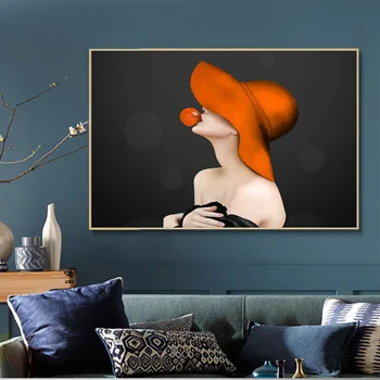 Oranžinė Mados Moteris Sienos Menas Drobė Spausdinti Minimalistinio Abstrakčiai Skrybėlę Mergina Plakatas, Tapyba Sexy Lady Nuotrauką Namų Kambario Apdaila
