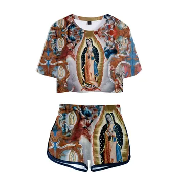 Our Lady Of Gvadalupės Mergelės Marijos Katalikų Meksika 3D Merginos Rasos bamba Dviejų dalių Rinkinys Sexy Trumpas Rankovės Pasėlių T-marškinėliai+Šortai