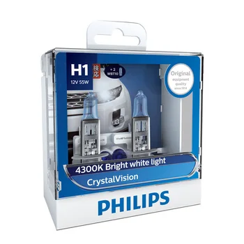 Philips H1 12V 55W Crystal Vision 4300K Ryški Balta Šviesa, Halogeninės Lempos Auto Lemputes Stilingą Išvaizdą Atsparus UV 12258CVSM, Pora