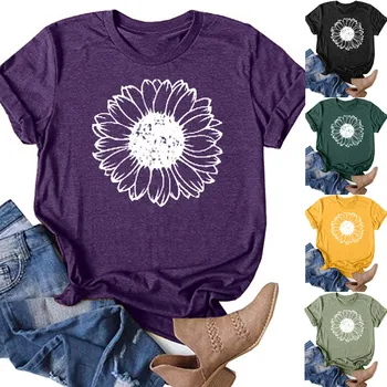 Plius Dydis Moterų Viršūnių Mujer Trumpas Rankovės Gėlių Spausdinti Saulėgrąžų O-kaklo Viršūnes Moterų marškinėliai Atsitiktinis Tee Viršūnių O-kaklo Laisvas
