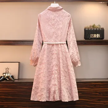 Plius dydis suknelės moterims, elegantiškas ilgomis rankovėmis Pavasario-line rožinės suknelės moterims, kietas pasukite žemyn apykaklės kelio suknelė su diržo 2021