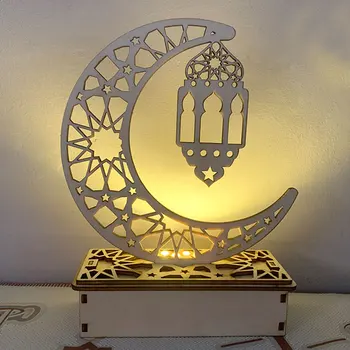 Pusmėnulio EID Mubarakas Medinis Papuošalas Su LED Šviesos Ramadanas Dekoracija Namuose Islamo Musulmonų Eid Mubarakas LED Ornamentu