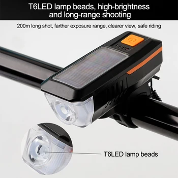 Saulės Įkrovimo Dviračių Šviesos 3 Rūšių LED MTB Dviratį Priekinių žibintų 2000mAh Vandeniui Dviračių Bell Šviesos USB Įkrovimo priekinis žibintas