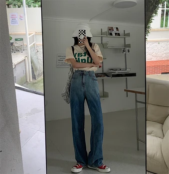 SML 2021 m. Vasarą korėjos stiliaus moteris džinsinio audinio Kelnės Nuolydis didelis juosmens džinsai moterims tiesiai ilgos Kelnės Moteriška (N0147)