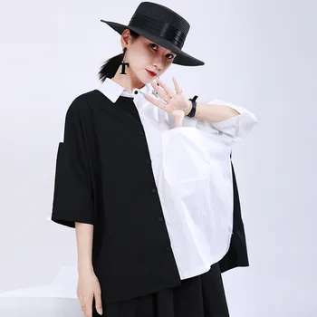 SuperAen 2021 m. Vasarą Naujas Tamsiai Stiliaus trumpomis Rankovėmis Marškiniai Moterų Prarasti Dizaino Juodos ir Baltos Kontrastas Marškinėliai Moterims Topai