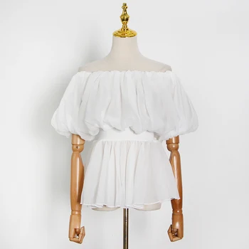 TWOTWINSTYLE Elegantiškas Ruched Marškinėliai Moterims Velniop Kaklo Sluoksniuotos Rankovėmis Tunika Atsitiktinis Palaidinė Moterų Mados Naują Drabužių 2021 Banga