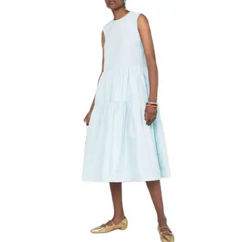 Vasaros Mielas Kietos Šviesiai Mėlynos Medvilnės Suknelė Moterims Dizaineris Lankai Atgal Appliques Rankovių Plisuotos Ilgai Bakas Suknelė