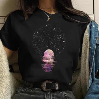 Vasaros Plius Dydis Marškinėliai Moterims Half Moon Harajuku 90s korėjos Stiliaus Print O-Kaklo trumpomis Rankovėmis Mados Atsitiktinis Tee Viršūnės