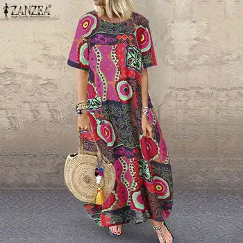 ZANZEA 2021 Atsitiktinis Medvilnės Skalbiniai Maxi Suknelė Moterų Spausdinti Sundress Kaftan O Kaklo Tunika Vestidos Moterų Gėlių Skraiste