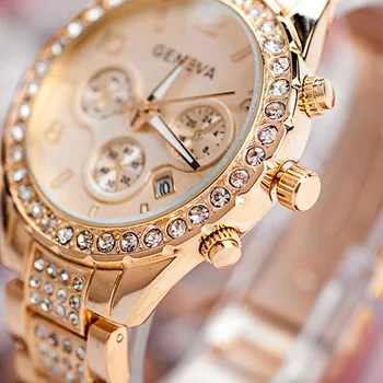 Ženevos Kvarco Moteriški Žiūrėti Aklas Kristalų Moterų Laikrodžiai, Aukso Dimaond Nerūdijančio Plieno Ponios Suknelė Laikrodžiai Data Analoginis Laikrodis
